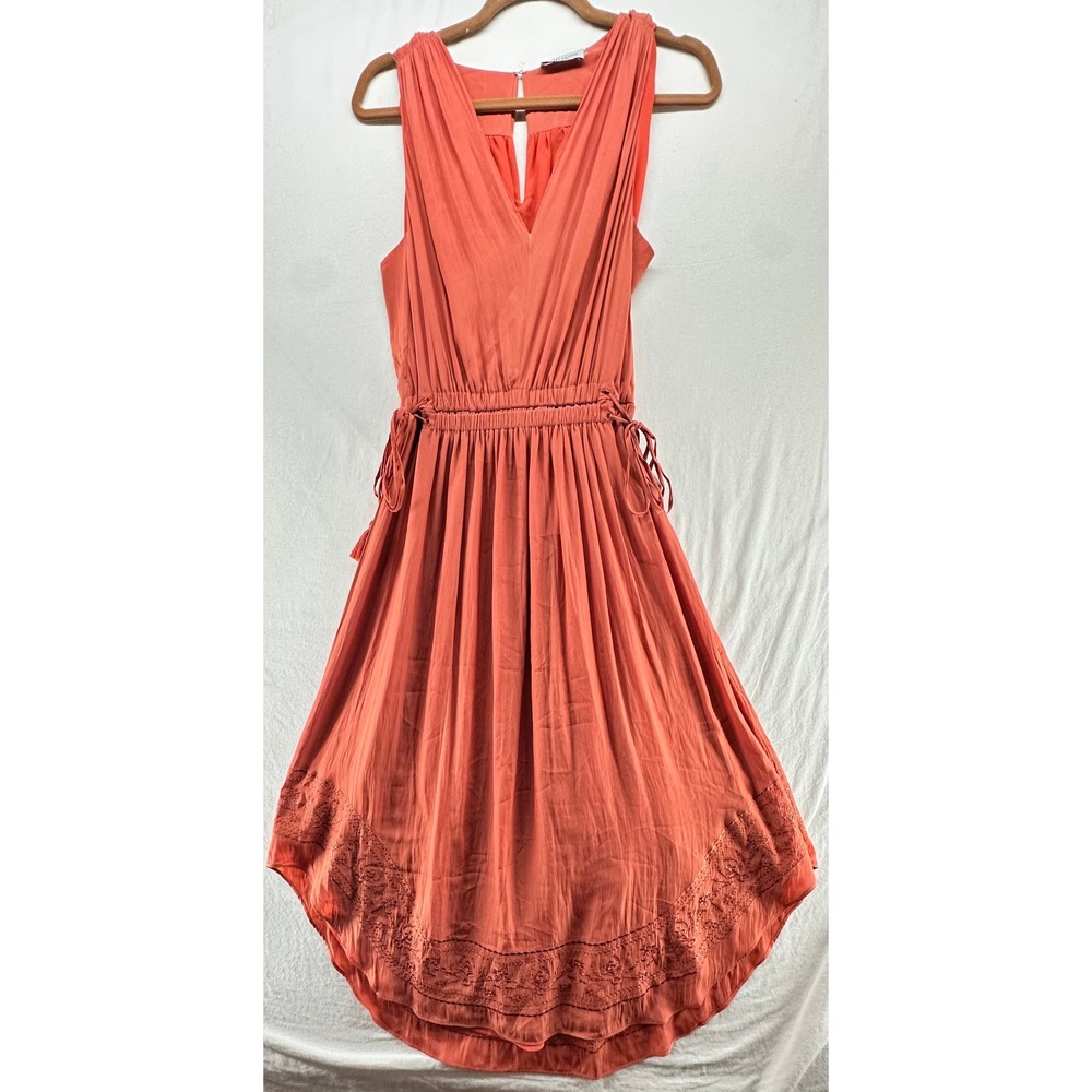 Ramy Brook Coral Orange Embroidered Midi Dress Sleeveless V-Neck Size S